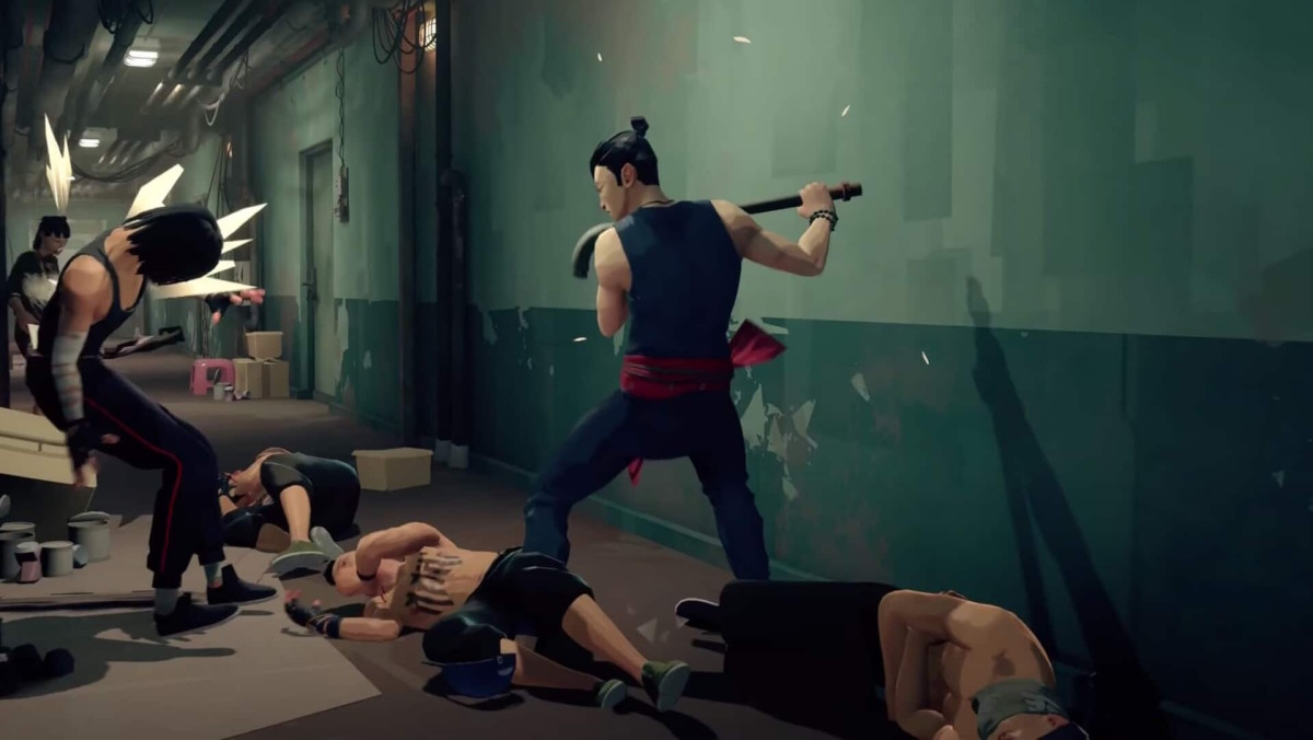 Sifu's protagonist standing in a dingy hallway, wielding a makeshift weapon and fending off several thugs at once